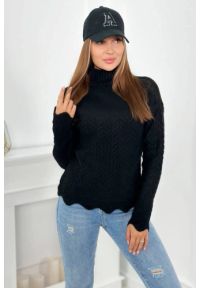 Inny - Sweter z ozdobną falbanką czarny. Okazja: na co dzień. Kolor: czarny. Materiał: wełna, materiał, akryl. Wzór: aplikacja. Styl: casual, elegancki