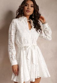 Renee - Biała Koszulowa Sukienka Ażurowa z Wiązanym Paskiem Faeyela. Kolor: biały. Materiał: materiał. Wzór: ażurowy. Typ sukienki: koszulowe #3