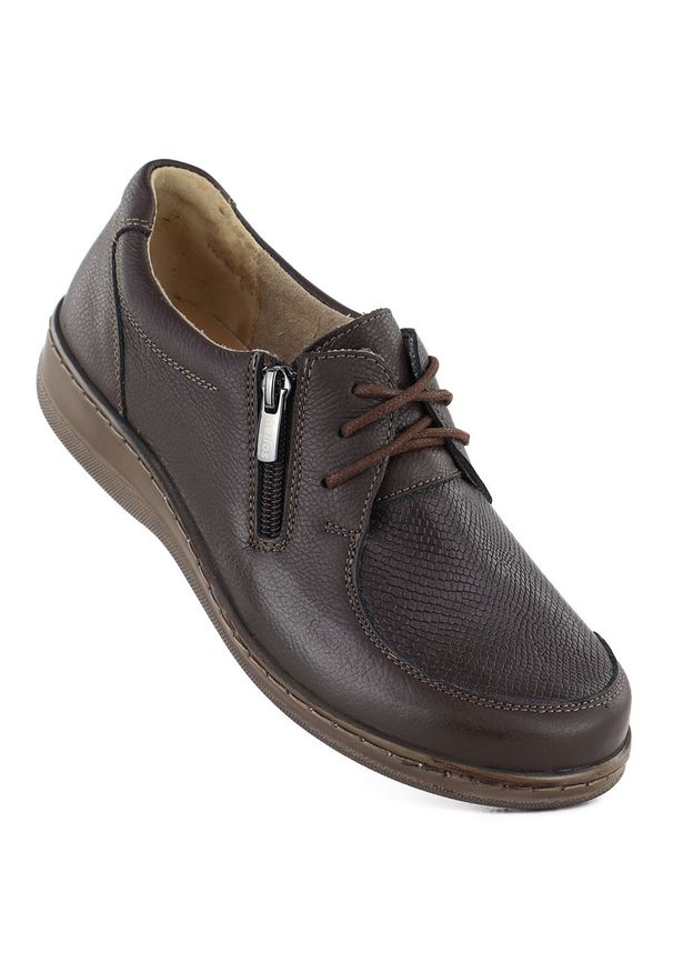 Skórzane półbuty damskie komfortowe brązowe Helios 464K. Kolor: brązowy. Materiał: skóra