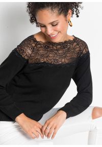Sweter z koronką w dekolcie bonprix czarny. Kolor: czarny. Materiał: koronka. Wzór: koronka #3