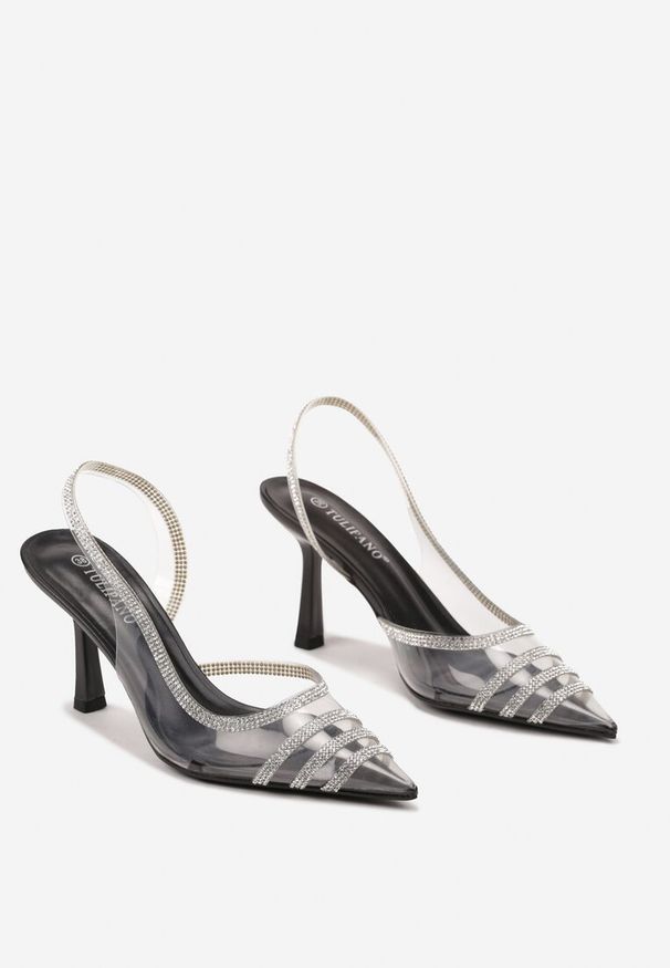 Renee - Czarne Sandały Transparentne z Cyrkoniami na Obcasie Typu Szpilka Felinira. Okazja: na imprezę. Nosek buta: szpiczasty. Zapięcie: pasek. Kolor: czarny. Materiał: jeans. Obcas: na obcasie. Styl: elegancki, wizytowy. Wysokość obcasa: średni