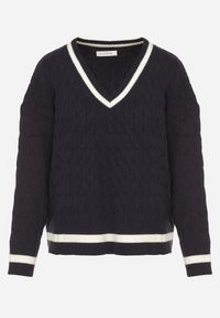 Born2be - Granatowy Sweter Preppy z Domieszką Kaszmiru Zdobiony Strukturalnym Splotem Lorentie. Okazja: na spotkanie biznesowe, do pracy, na co dzień. Typ kołnierza: dekolt w serek. Kolor: niebieski. Materiał: kaszmir. Wzór: aplikacja, ze splotem. Styl: elegancki, biznesowy, klasyczny, casual