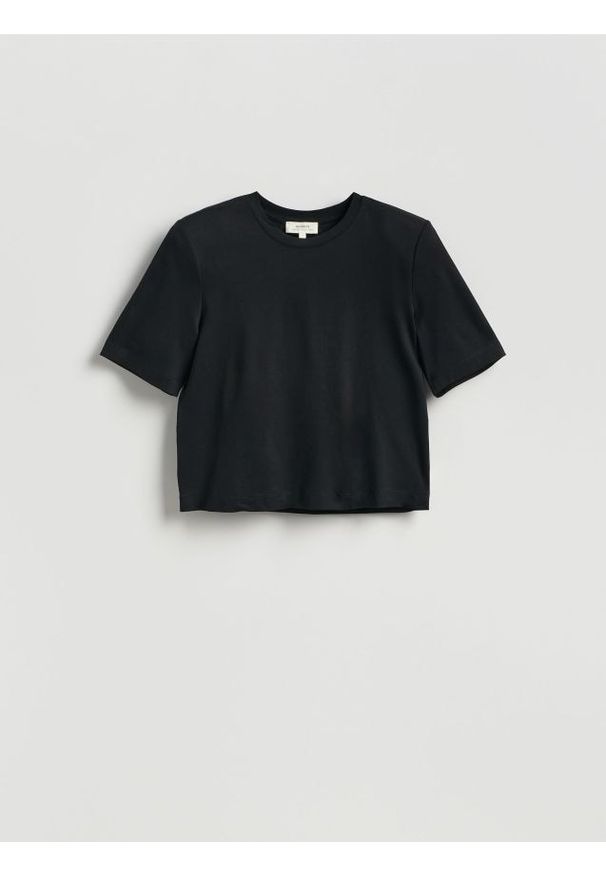 Reserved - T-shirt boxy z domieszką jedwabiu - czarny. Kolor: czarny. Materiał: jedwab. Długość: krótkie