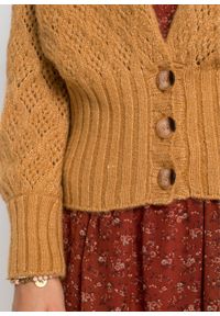 Sweter rozpinany z wysokim ściągaczem bonprix wielbłądzia wełna. Typ kołnierza: dekolt w serek. Kolor: żółty. Materiał: wełna #4