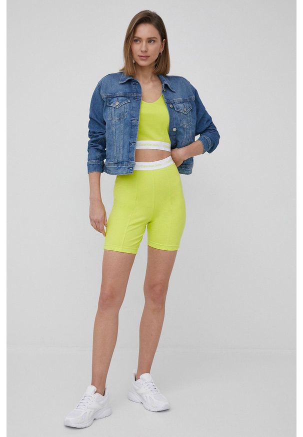Calvin Klein Jeans szorty J20J218045.PPYY damskie kolor żółty gładkie high waist. Stan: podwyższony. Kolor: żółty. Materiał: materiał, wiskoza, dzianina. Wzór: gładki