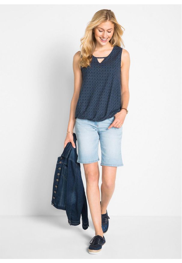 bonprix - Top z gumką. Kolor: niebieski. Wzór: nadruk