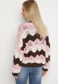 Born2be - Różowy Kardigan w Ażurowy Wzór z Dodatkiem Wełny i Wiskozy Esilla. Okazja: na co dzień. Typ kołnierza: dekolt w kształcie V. Kolor: różowy. Materiał: wełna, wiskoza. Długość: długie. Wzór: ażurowy. Styl: casual, elegancki, klasyczny #2