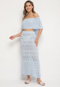 Born2be - Jasnoniebieski Haftowany Komplet z Bawełną Top Typu Hiszpanka i Spódnica Folidra. Kolor: niebieski. Materiał: bawełna. Wzór: haft