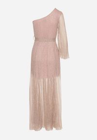 Born2be - Różowa Sukienka o Asymetrycznym Kroju Zdobiona Metaliczną Nicią Afellia. Kolor: różowy. Długość rękawa: długi rękaw. Wzór: aplikacja. Typ sukienki: asymetryczne. Styl: klasyczny, elegancki #2