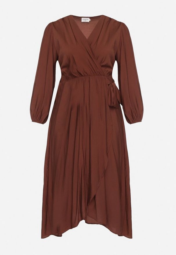 Born2be - Brązowa Sukienka z Wiskozą o Kopertowym Kroju z Wiązaniem w Talii Fezara. Kolekcja: plus size. Kolor: brązowy. Materiał: wiskoza. Typ sukienki: kopertowe. Styl: klasyczny, elegancki