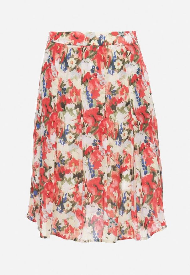 Born2be - Beżowo-Czerwona Spódnica Rozkloszowana w Kwiatowy Print Hastaria. Okazja: na co dzień, na imprezę. Stan: podwyższony. Kolor: beżowy. Wzór: nadruk, kwiaty. Styl: elegancki, casual