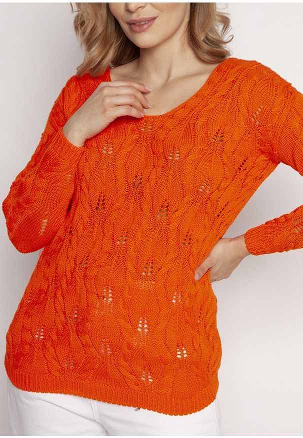 MKM - Kobiecy Ażurowy Sweter - Pomarańczowy. Kolor: pomarańczowy. Materiał: bawełna, akryl. Wzór: ażurowy