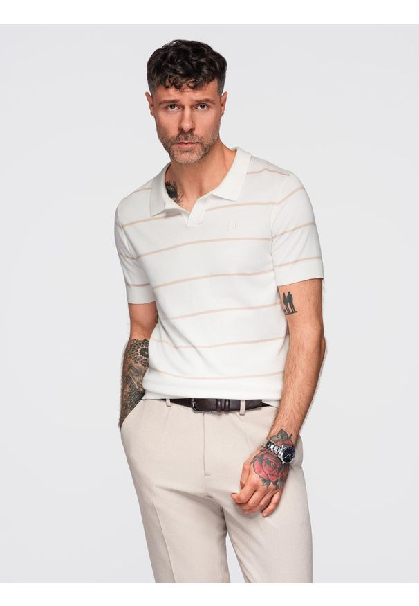 Ombre Clothing - Koszulka polo męska w poziome paski z wiskozą – biało-beżowa V4 - Rozmiar: M. Okazja: na co dzień. Typ kołnierza: polo. Kolor: biały. Materiał: wiskoza. Wzór: paski. Styl: casual