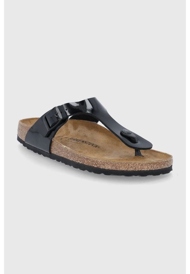 Birkenstock - Japonki Gizeh. Kolor: czarny. Materiał: skóra, guma, materiał. Wzór: gładki. Obcas: na obcasie. Wysokość obcasa: niski
