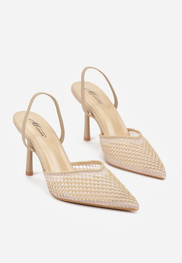 Renee - Ciemnobeżowe Sandały na Szpilce z Siateczkowym Noskiem z Aplikacją z Perełek Aurifera. Okazja: na co dzień. Zapięcie: bez zapięcia. Kolor: beżowy. Materiał: satyna, skóra, jeans. Wzór: aplikacja. Obcas: na szpilce. Styl: casual