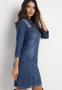 Born2be - Granatowa Jeansowa Sukienka Taliowana Baissa. Kolor: niebieski. Materiał: jeans. Długość: mini #4