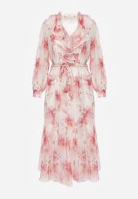 Born2be - Różowa Zwiewna Sukienka z Długim Rękawem Falbanami i Wiązanym Paskiem Aezera. Okazja: na co dzień, do pracy, na randkę. Kolor: różowy. Materiał: jeans, zamsz, poliester. Długość rękawa: długi rękaw. Typ sukienki: proste. Styl: casual, klasyczny, elegancki #4