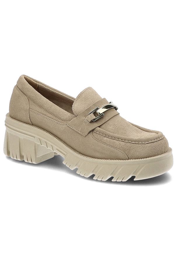 Półbuty damskie Lemar, naturalna skóra zamszowa masywna podeszwa o wyrazistym bieżniku metalowy detal, bez/zł, 20110-W. Zapięcie: bez zapięcia, klamry. Kolor: beżowy. Materiał: zamsz, skóra. Szerokość cholewki: normalna. Obcas: na obcasie. Styl: elegancki. Wysokość obcasa: niski