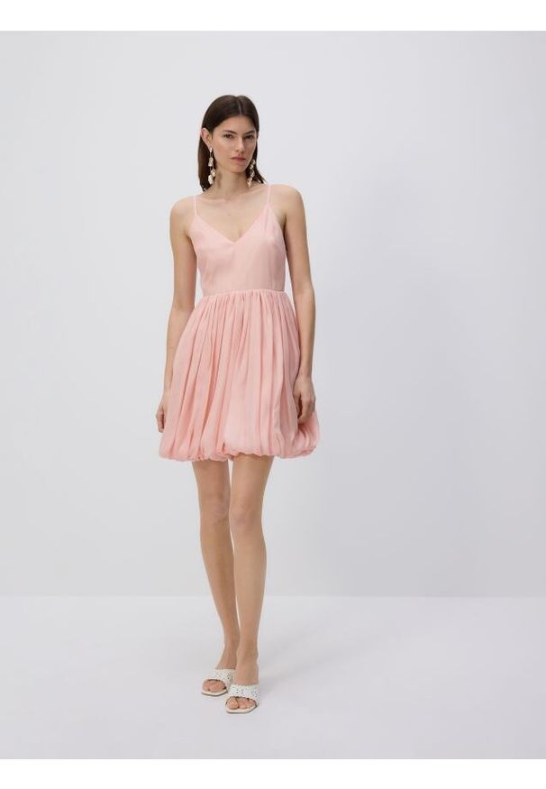 Reserved - Sukienka bombka z lyocellem - różowy. Kolor: różowy. Materiał: tkanina. Typ sukienki: bombki