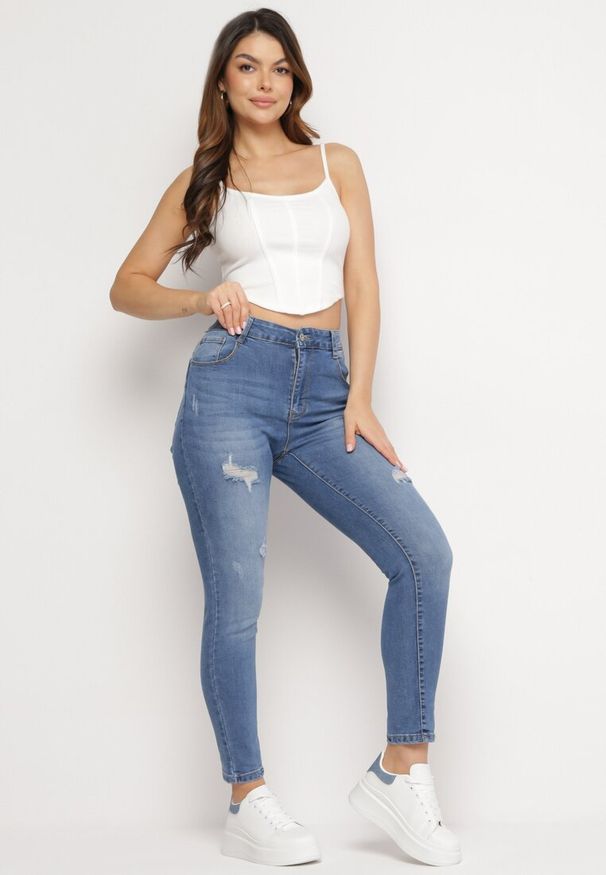 Born2be - Granatowe Elastyczne Jeansy Skinny Push Up z Przedarciami Egenna. Kolor: niebieski