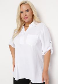 Born2be - Biała Bluzka Koszulowa z Kołnierzykiem i Wsuwaną Kieszonką Tafeta. Kolor: biały. Materiał: jeans. Długość rękawa: długi rękaw. Długość: długie. Styl: klasyczny, elegancki #6