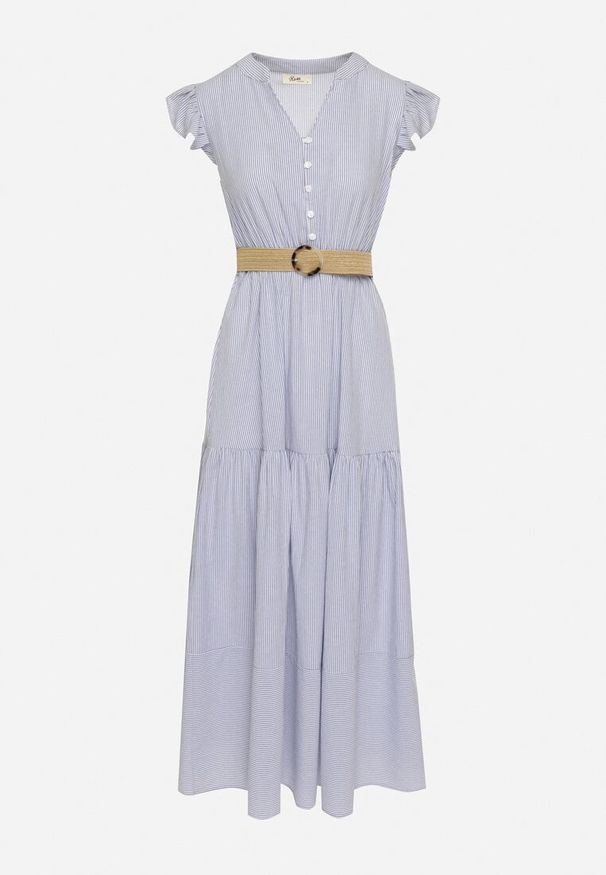 Born2be - Niebieska Bawełniana Sukienka Boho o Rozkloszowanym Kroju z Paskiem z Klamrą Iffalisse. Okazja: na spacer. Kolor: niebieski. Materiał: bawełna. Wzór: aplikacja. Typ sukienki: rozkloszowane. Styl: boho