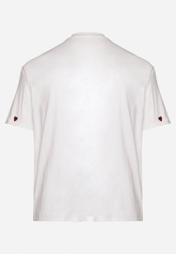 Born2be - Biało-Czerwony Bawełniany T-shirt Zdobiony Haftem w Kształcie Serc Naloree. Okazja: na co dzień. Kolekcja: plus size. Kolor: biały. Materiał: bawełna. Wzór: haft, aplikacja. Styl: elegancki, casual, klasyczny
