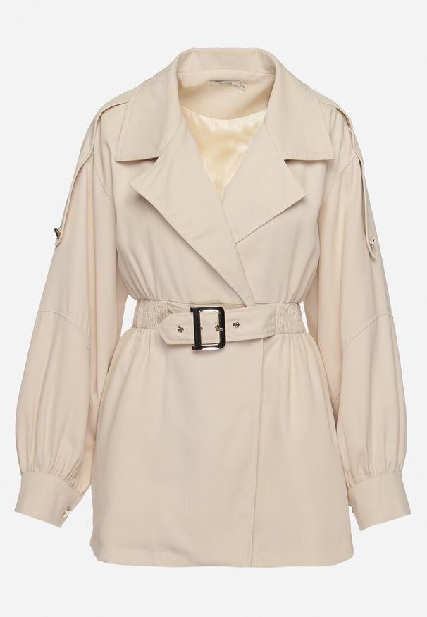 Born2be - Beżowy Krótki Płaszcz z Bufiastymi Rękawami i Elastycznym Paskiem z Klamrą Lirenda. Okazja: na co dzień. Kolor: beżowy. Długość: krótkie. Styl: elegancki, klasyczny, casual