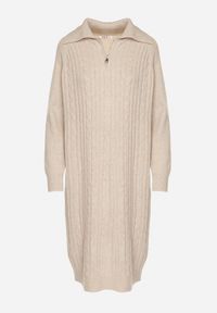 Born2be - Jasnobeżowa Sweterkowa Sukienka Pudełkowa z Bawełną i Wełną Ozdobiona Suwakiem Reimia. Okazja: na co dzień. Kolor: beżowy. Materiał: wełna, bawełna. Wzór: aplikacja. Styl: casual, klasyczny #2
