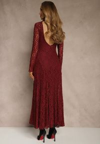 Renee - Bordowa Elegancka Sukienka z Koronki z Odkrytymi Plecami Lilafera. Okazja: na co dzień. Typ kołnierza: dekolt na plecach. Kolor: czerwony. Materiał: koronka. Długość rękawa: na ramiączkach. Wzór: koronka. Styl: elegancki #2