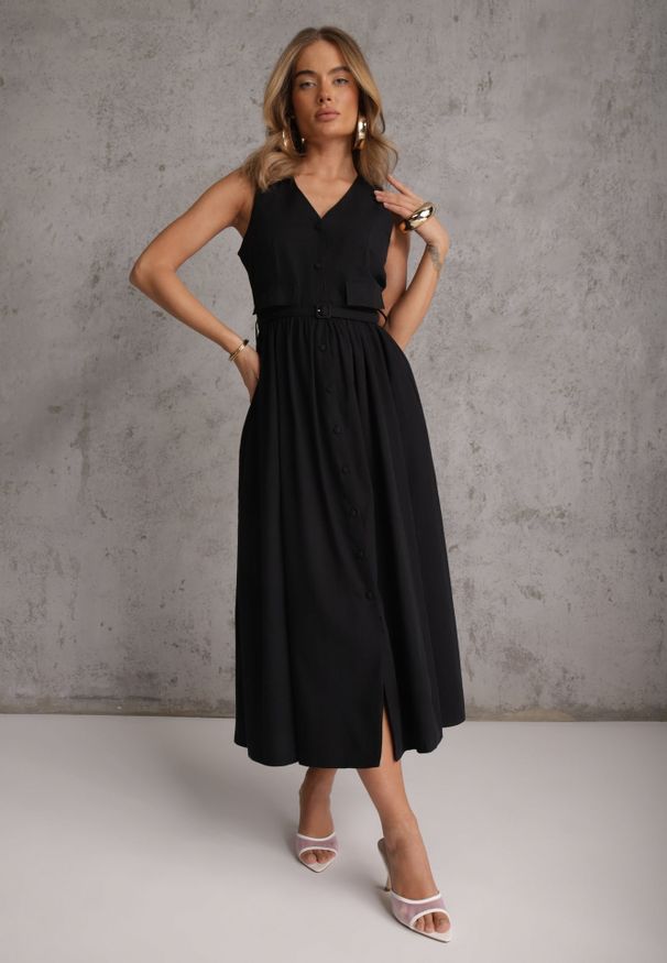 Renee - Czarna Rozkloszowana Sukienka z Bawełną i Wiskozą Ozdobiona Paskiem Amalis. Kolor: czarny. Materiał: wiskoza, bawełna. Wzór: aplikacja. Typ sukienki: rozkloszowane. Styl: elegancki