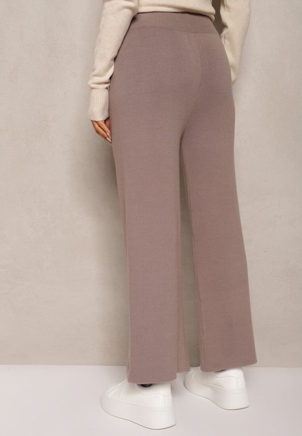 Renee - Ciemnoszare Spodnie o Szerokim Kroju High Waist z Cyrkoniami i Gumką w Pasie Loreitha. Okazja: na co dzień. Stan: podwyższony. Kolor: brązowy. Materiał: zamsz, satyna. Wzór: aplikacja. Styl: casual