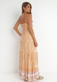 Born2be - Pomarańczowo-Różowa Sukienka Bakrey. Kolor: pomarańczowy. Materiał: koronka, wiskoza, tkanina. Długość rękawa: na ramiączkach. Wzór: aplikacja, kwiaty, nadruk. Sezon: lato. Długość: maxi #4