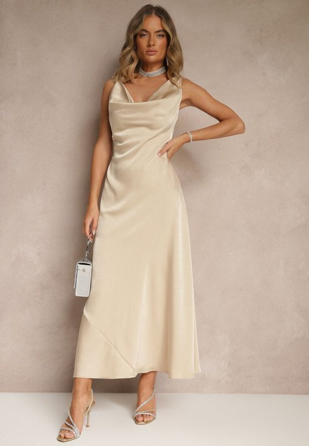 Renee - Beżowa Taliowana Sukienka Vices Wiązana przy Karku Zinvea. Okazja: na co dzień. Kolor: beżowy. Typ sukienki: proste. Styl: elegancki, casual