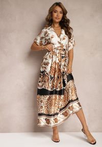 Renee - Czarno-Kremowa Kopertowa Sukienka Maxi z Gumką w Talii i Rozkloszowanym Dołem Jeanina. Kolor: beżowy. Materiał: materiał, tkanina. Długość rękawa: krótki rękaw. Typ sukienki: kopertowe. Długość: maxi