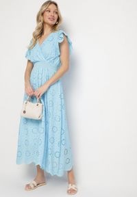 Born2be - Niebieska Ażurowa Sukienka z Kopertowym Dekoltem i Bufiastymi Rękawami Ldivane. Okazja: na co dzień, na imprezę. Kolor: niebieski. Wzór: ażurowy. Sezon: lato. Typ sukienki: kopertowe. Styl: casual #4