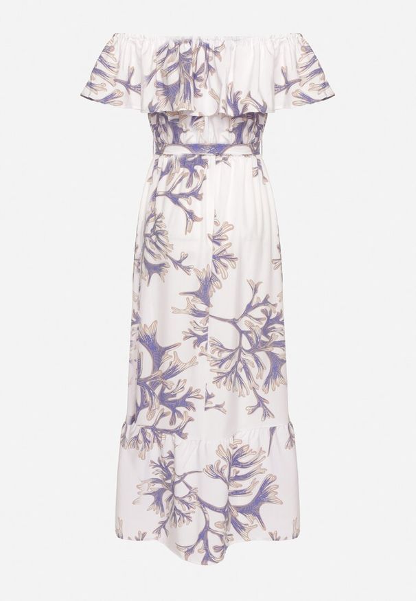 Born2be - Niebiesko-Biała Sukienka Hiszpanka o Rozkloszowanym Kroju z Wiązanym Paskiem Sesiniela. Okazja: na co dzień. Typ kołnierza: dekolt hiszpanka. Kolor: niebieski. Typ sukienki: rozkloszowane. Styl: casual, elegancki