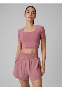 4f - 4F Crop top treningowy bezszwowy damski - różowy XS/S. Typ kołnierza: dekolt kwadratowy. Kolor: różowy. Materiał: włókno, materiał. Długość rękawa: krótki rękaw. Długość: krótkie. Sport: fitness #1