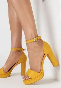 Born2be - Żółte Sandały Lephypso. Nosek buta: otwarty. Zapięcie: pasek. Kolor: żółty. Materiał: materiał, satyna. Wzór: gładki. Obcas: na słupku. Styl: elegancki #1