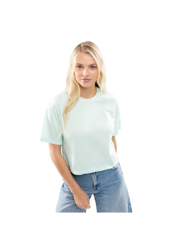 SIROKO - Damski luźny crop top Lifestyle Siroko IBZ Eivissa Water Green. Kolor: niebieski. Materiał: tkanina, bawełna. Długość rękawa: krótki rękaw. Długość: krótkie