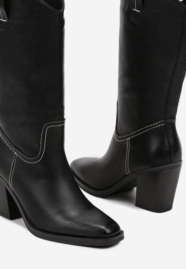 Renee - Czarne Kozaki Kowbojki na Słupku Laoniae. Okazja: na co dzień. Kolor: czarny. Materiał: jedwab, jeans. Obcas: na słupku. Styl: elegancki, wizytowy, klasyczny, casual