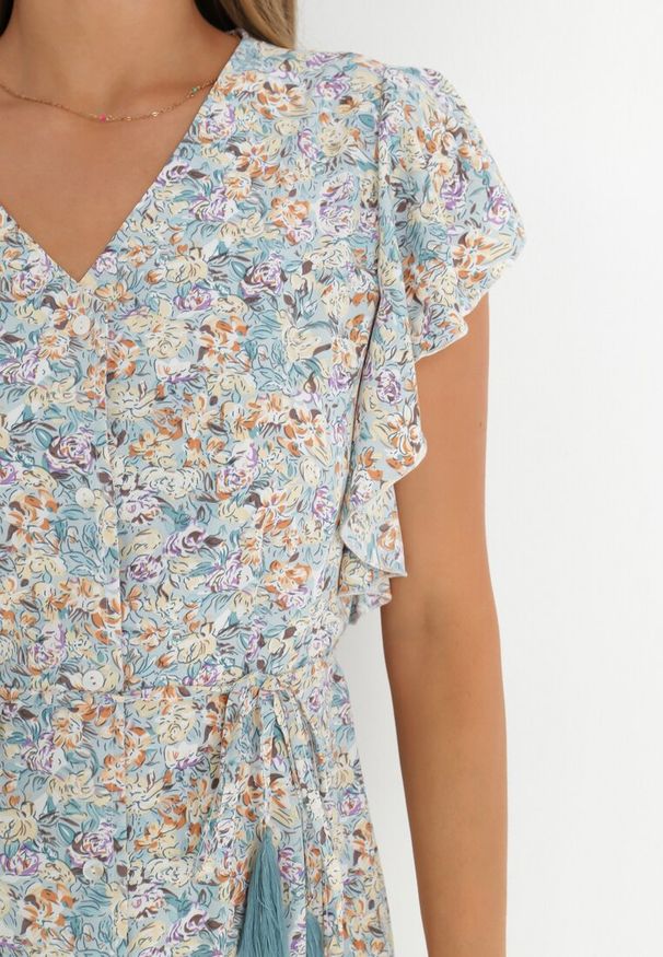 Born2be - Miętowa Sukienka Lanby. Typ kołnierza: kołnierz z falbankami. Kolor: miętowy. Materiał: materiał. Wzór: nadruk, aplikacja, kwiaty. Styl: elegancki. Długość: maxi