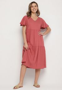 Born2be - Ciemnoróżowa Wiskozowa Sukienka Rozkloszowana z Dekoltem V Natilenia. Okazja: na co dzień. Kolor: różowy. Materiał: wiskoza. Styl: klasyczny, casual, elegancki