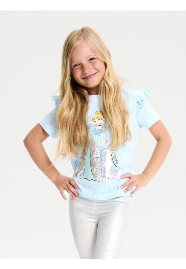Sinsay - Koszulka z cekinami Disney Princess - niebieski. Kolor: niebieski. Wzór: motyw z bajki