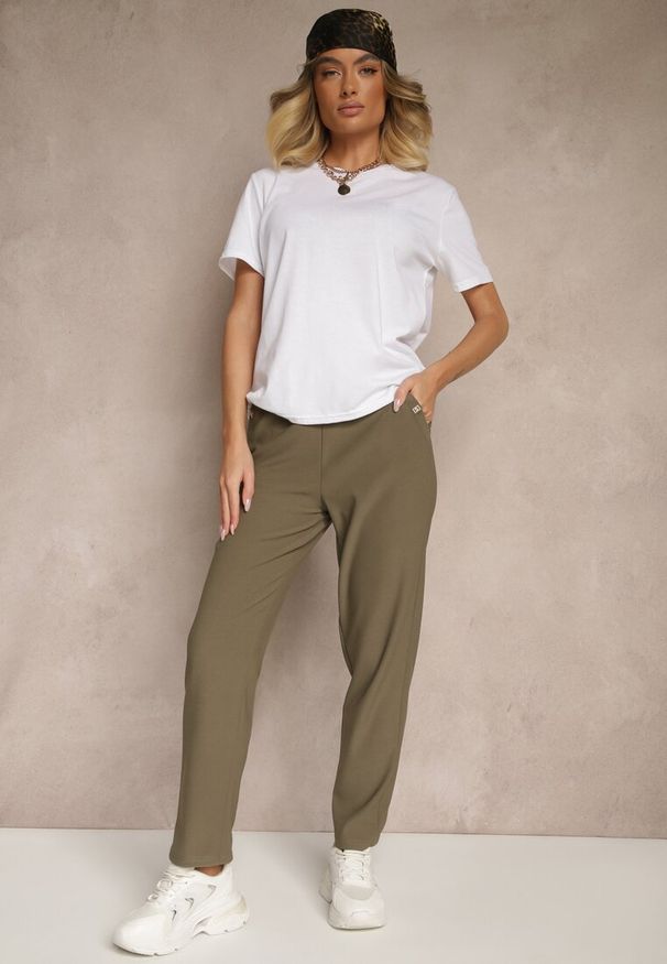 Renee - Ciemnozielone Spodnie z Bawełną i Sznurowaniem Purrena. Okazja: na co dzień. Kolor: zielony. Materiał: bawełna. Styl: elegancki, casual