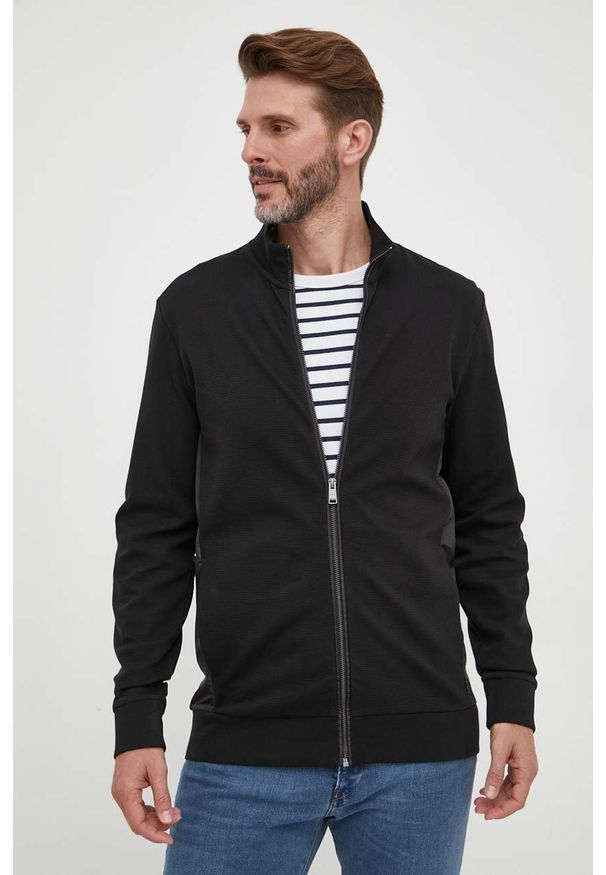 BOSS bluza męska kolor czarny gładka. Kolor: czarny. Materiał: materiał. Wzór: gładki