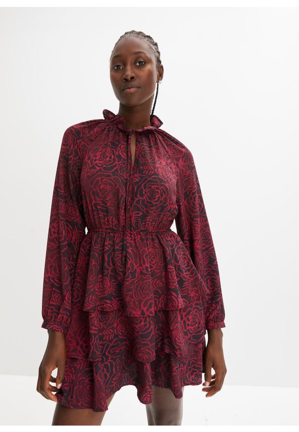 bonprix - Sukienka szyfonowa z falbanami. Kolor: czerwony. Materiał: szyfon. Długość rękawa: długi rękaw. Wzór: kwiaty, nadruk