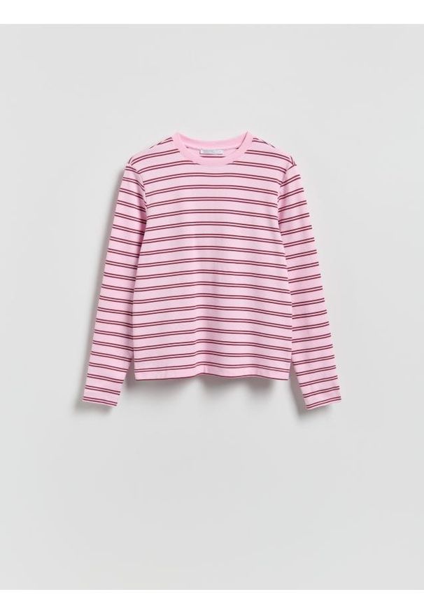 Reserved - Longsleeve z merceryzowanej bawełny - pastelowy róż. Kolor: różowy. Materiał: bawełna. Długość rękawa: długi rękaw