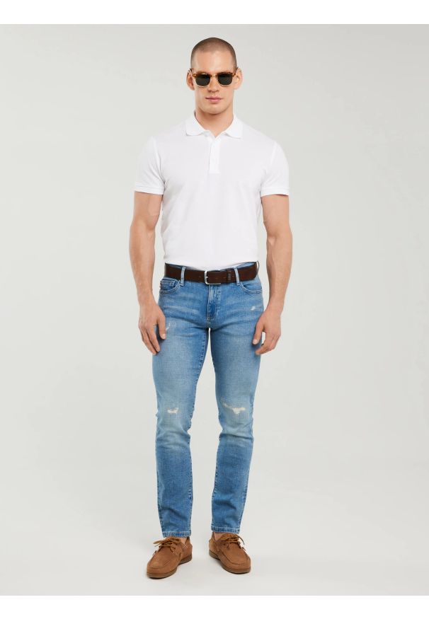 Big-Star - Koszulka męska polo biała Markolinos 101. Typ kołnierza: polo. Kolor: biały. Materiał: tkanina, jeans. Wzór: kolorowy. Styl: klasyczny, elegancki