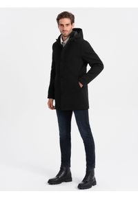 Ombre Clothing - Męski ocieplany płaszcz z kapturem i krytym zamkiem - czarny V1. Typ kołnierza: kaptur. Kolor: czarny. Materiał: tkanina, poliester #5